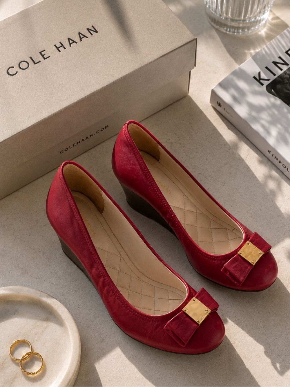 Cole Haan Women's Red Leather Bow Ballet Wedges